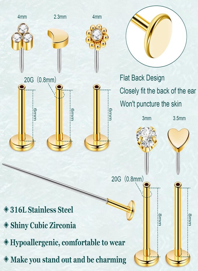 LOREMOW 20G 5Pairs 316L Stainless Steel Threadless Stud Earring for Women Hypoallergenic Star Moon Push in Nose Studs Threadless Flat Back Earring Cartilage Helix Tragus Conch Labret Stud Piercing G - Image 2